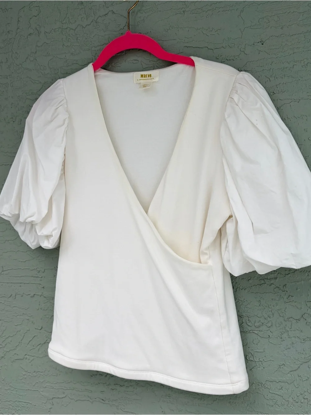 Maeve Anthropologie White V-Neck Short Puff-Sleeve Wrap Top Sz S